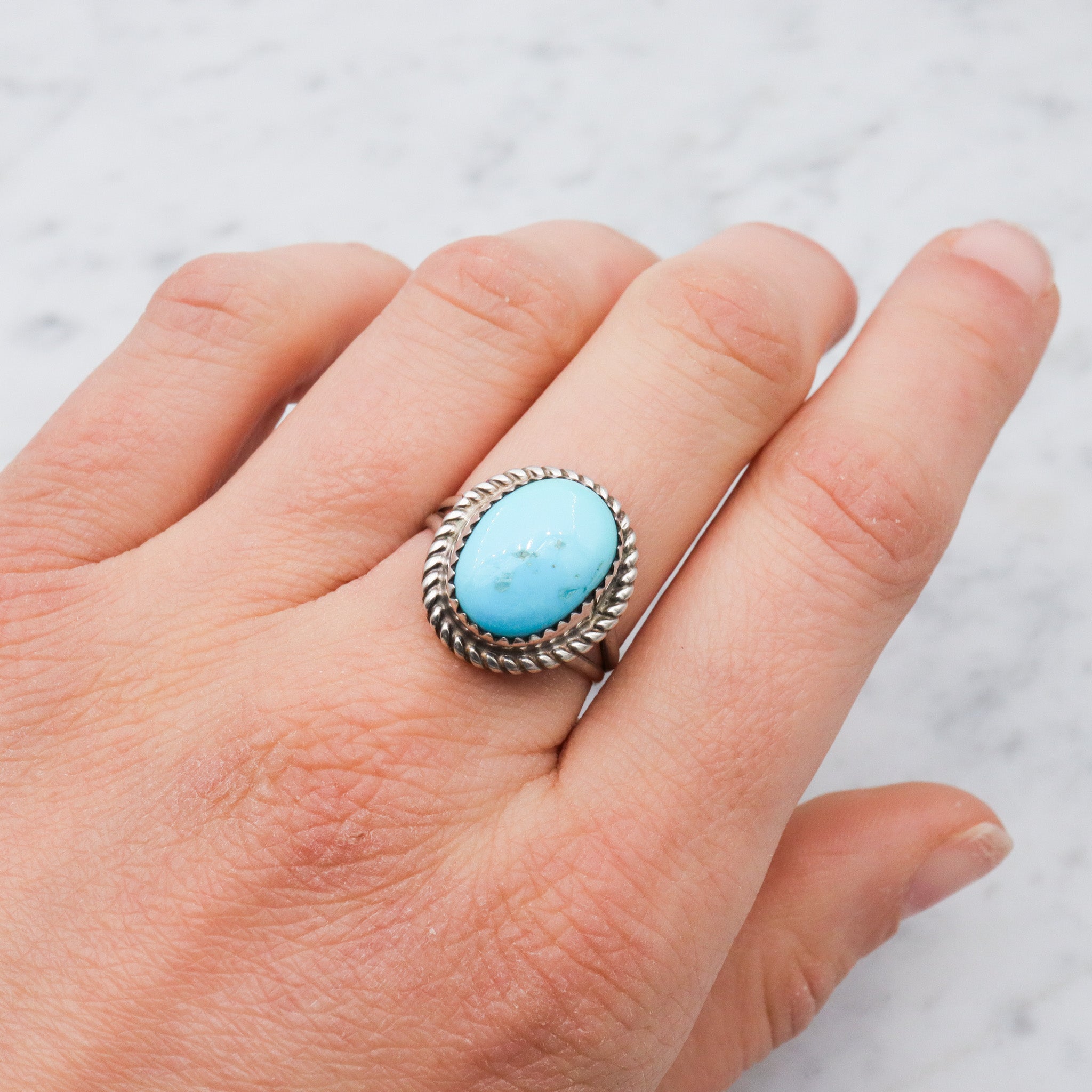 Vintage Herbert Tsosie Navajo sterling silver turquoise ring, sz 8.25